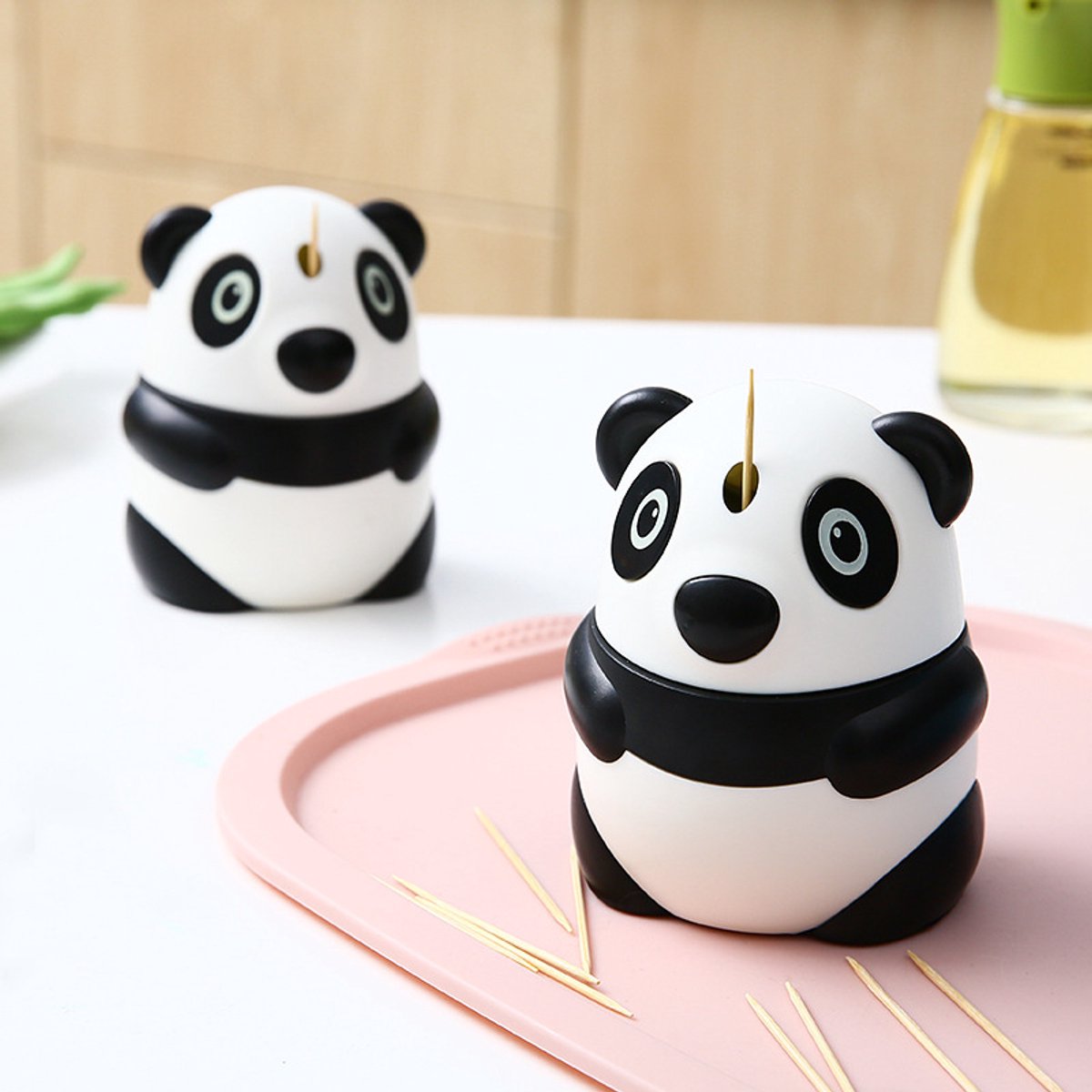 2-delige automatische tandenstokerhouder van plastic met drukknop en cartoon panda-design