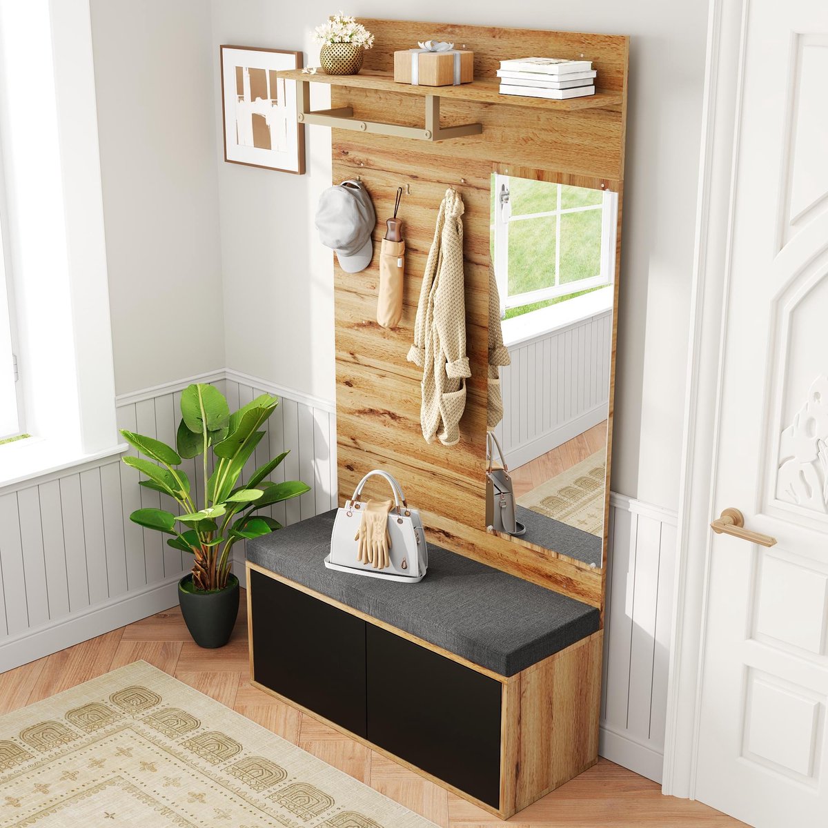 STILVORA Garderobekast – Compacte Garderobe Met Spiegel En Gepolsterde Zitbank – Schoenopberging En Haken – Spaanplaat – 100x38x190 cm – Zwart+Notenbruin