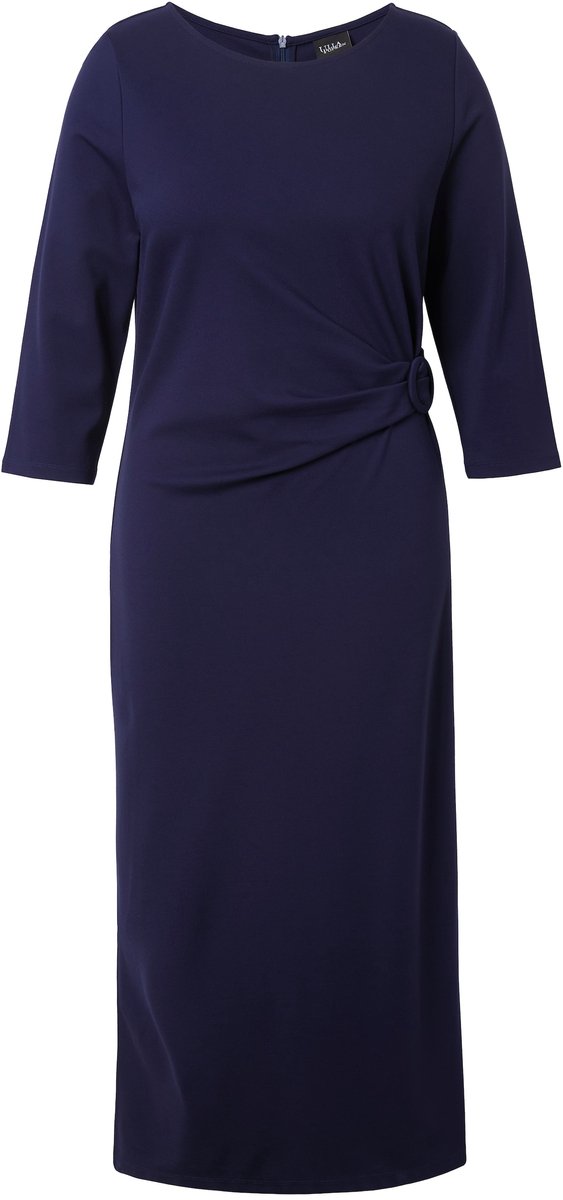Ulla Popken Dames - Punto midi-jurk gedrapeerd boothals 3/4-mouwen - Marine - Maat 50+
