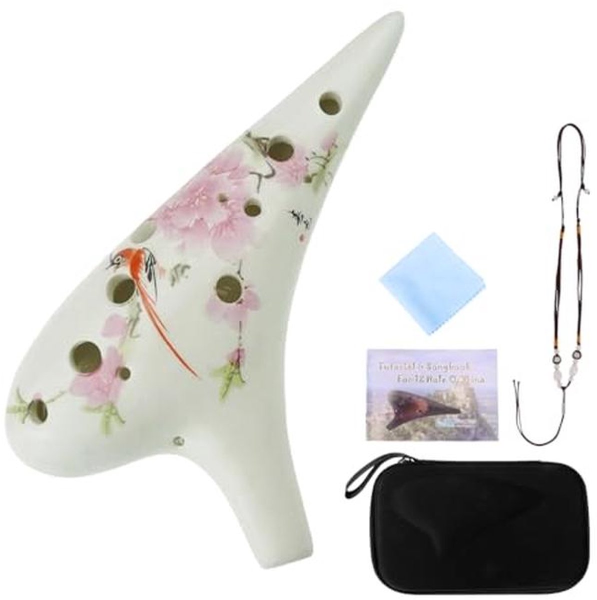 Keramische Ocarina met 12 gaten - Vogel en Bloem Design