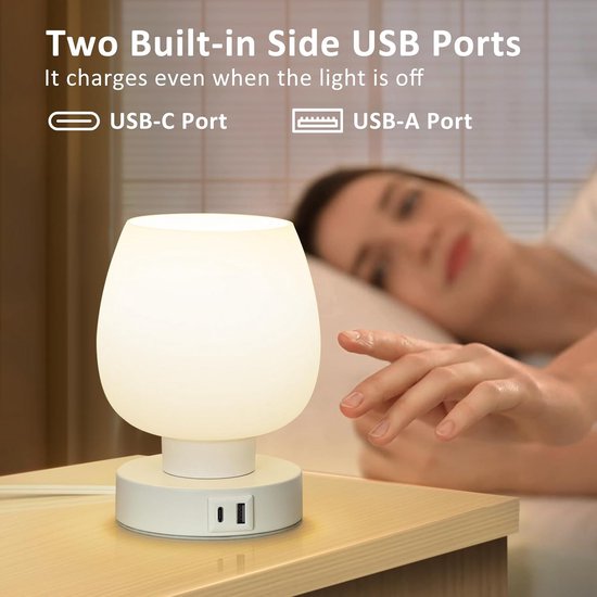 Dimbare Bedlamp met USB-C en A Oplaadpoorten - Kleine Nachtlamp voor Slaapkamer met Witte Opale Lampenkap van Merkloos — afbeelding 3
