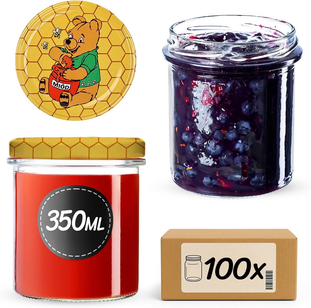100 Stuks Bewaarpotten met Schroefdeksel 350ml - Ideaal voor Jam, Honing en Inmaken