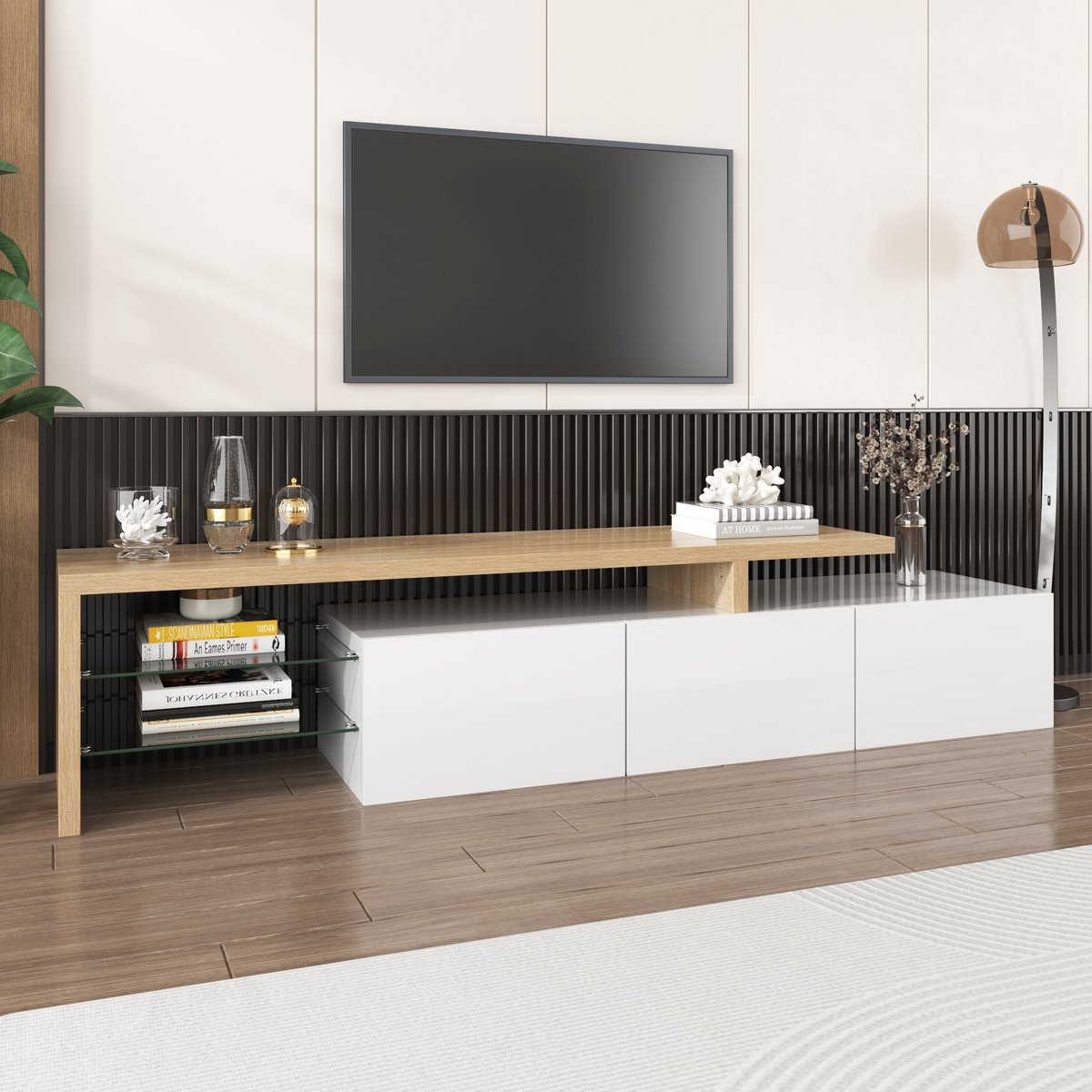 STILVORA TV-Meubel - Modern TV-Kast Met Glazen Planken En 7-Kleur LED - 3 Kasten Voor Woonkamer En Opbergen - MDF;Glas - 197.5x39x42 Cm - Wit+Notenbruin