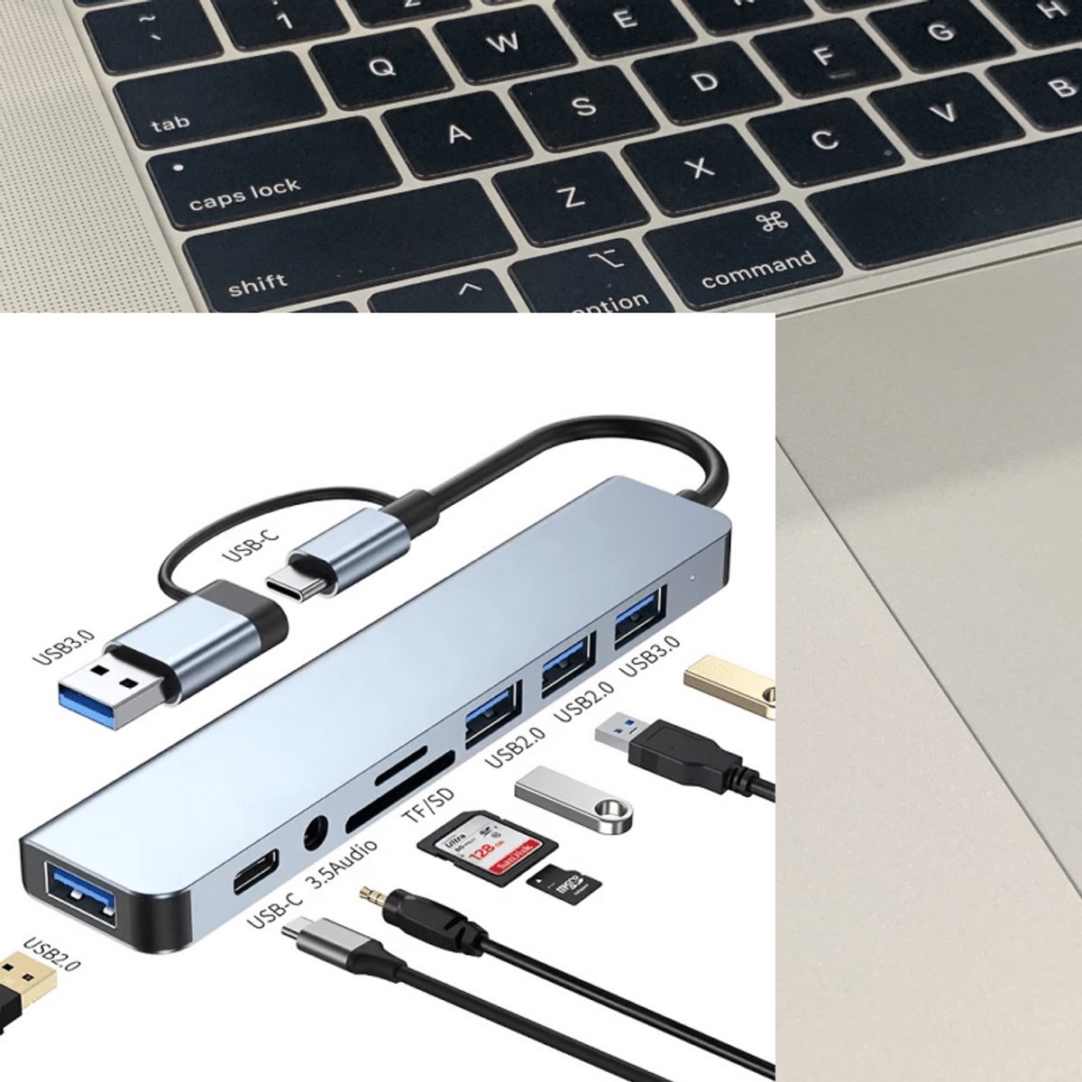 8-in-1 USB 3.0 dockingstation, TF/SD-kaartlezer, laptopdockingstation, USB-hub