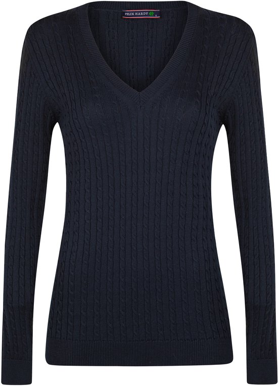 Felix Hardy Kabelgebreide Trui Met V-Hals - 100% Katoen Dames Navy - M