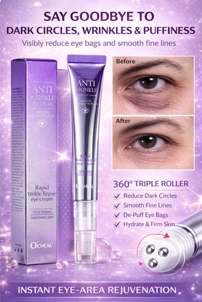 Anti-Rimpel Oogcrème met Roller – Dark Circles & Wallen Verminderen – Korean Skincare Eye Cream met Massagekop - Hyaluronzuur _ Huidverjonging – Voor Fijne Lijntjes & Hydratatie