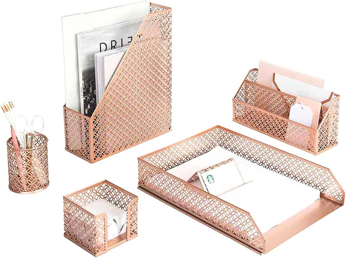 Bureau Organizer Set - Kantoor Accessoires - Bureau Organiseren - Set van Zes - 6 Delig - Roségoud