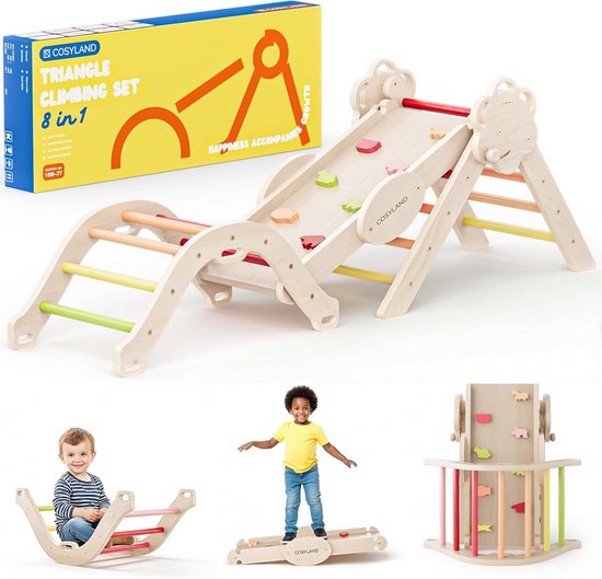 COSYLAND Klimrek Indoor M – Speelset 8-in-1 met Klimboog, Klimdriehoek en Glijbaan – Massief Houten Speeltoestel – Vanaf 18 Maanden – Natuurlijk/Klassieke Regenboog