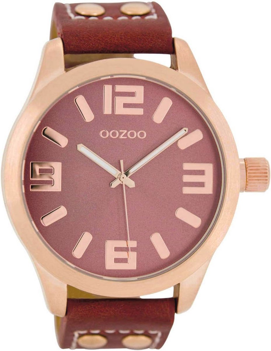 Rose gouden horloge met koraalrode leren band