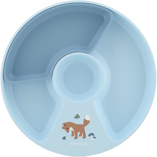 Lichtblauw vakjesbord van Little Dutch met vosje, egel en paddenstoelen.