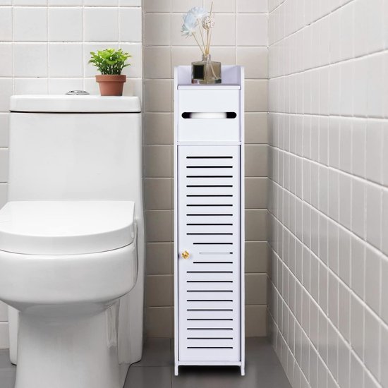 Badkamerkastje - Smal Opbergkastje - 81 cm Hoog - Wit Badkamermeubel - Toilet Of Badkamer - Vrijstaand Kastje - Compacte Opbergoplossing - Badkamer Opbergkast - Lichtgewicht Kast - Ruimtebesparend Ontwerp