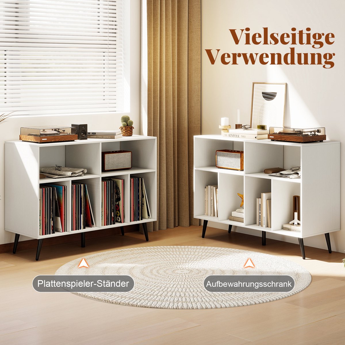 COSTWAY Draaitafel standaard 3-traps draaitafel kast met vinyl opbergplanken, opbergtafel voor vinylplaten, opberghouder voor woonkamer, muziekkamer (wit) thumbnail 2
