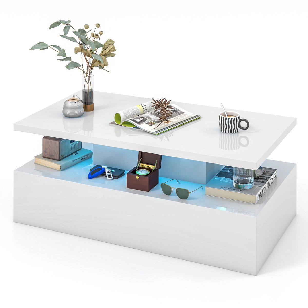 Costway Led-salontafel, hoogglans, woonkamertafel met instelbare lichtkleuren en helderheid, afstandsbediening, tafel met 2 niveaus, rechthoekige salontafel voor woonkamer, wit, 110 x 60 x 40 cm
