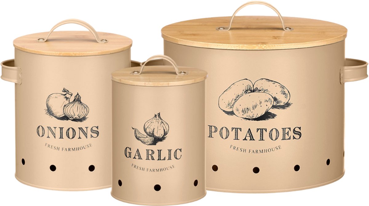 OTIX Voorraadpotten - met Deksel - Beige - Set van 3 - Knoflookpot - Uienpot - Aardappelbak - Metaal - Bamboe - VIRGO