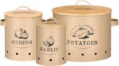OTIX Voorraadpotten - met Deksel - Beige - Set van 3 - Knoflookpot - Uienpot - Aardappelbak - Metaal - Bamboe - VIRGO