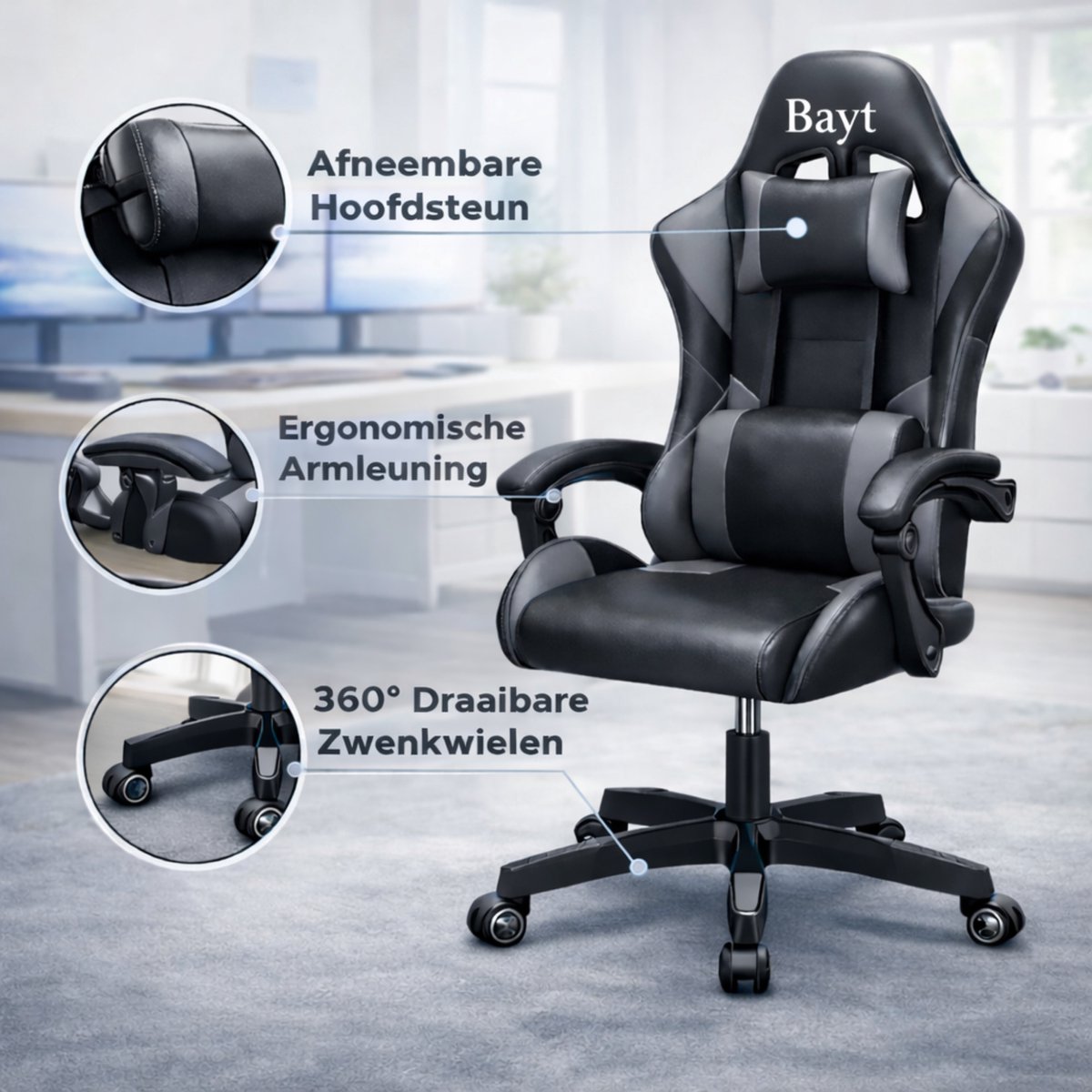 Bayt Gamestoel - Gaming Chair - Gamingstoel - Ergonomische Bureaustoel - Zwart - Verstelbaar – foto 6