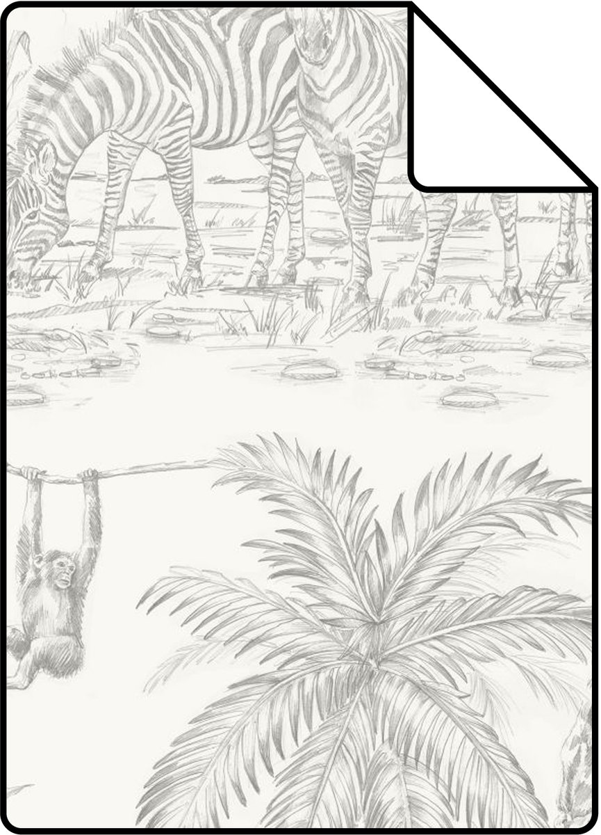Proefstaal Origin Wallcoverings behang jungle dieren glanzend wit en zilver grijs - 26.5 x 21 cm - 347692-S