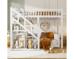 90x200 cm Wit Massief Houten Hoogslaper met Opbergtrap – Veilig Loftbed voor Kinderen & Tieners