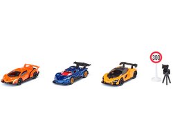 SIKU 6328, Cadeauset Supercars, Lamborghini Veneno, Apollo I.E., McLaren Senna, beweegbare onderdelen, incl. verkeersbord en flitspaal