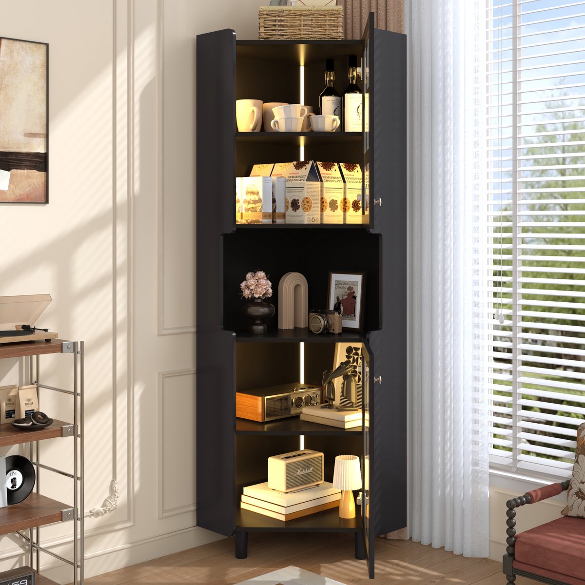 STILVORA Hoekdressoir Met LED Verlichting En Glazen Deuren - App Bediening 10 Kleuren - MDF Met Laklaag - 63,5x157,5 cm - Zwart