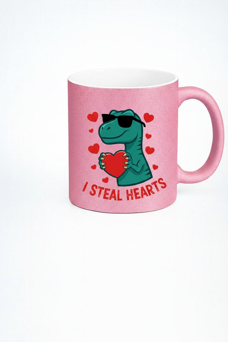 Roze Glitter Mok Dinosaurus 'I Steal Hearts' - Grappige Valentijn Dino Beker