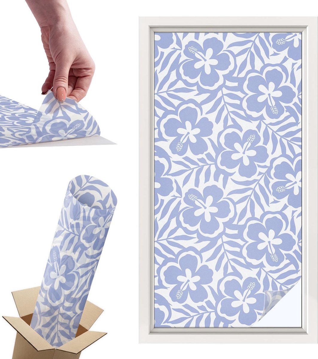 Tulup Raamfolie Anti inkijk - Hibiscusbloemen Privacy Folie Raam - 50x100 cm - Blauw Anti inkijk Folie - Raamfolie Tegen inkijk Glas in Lood - Voor de slaapkamer, badkamer en woonkamer. - Raamfolie Zonwering