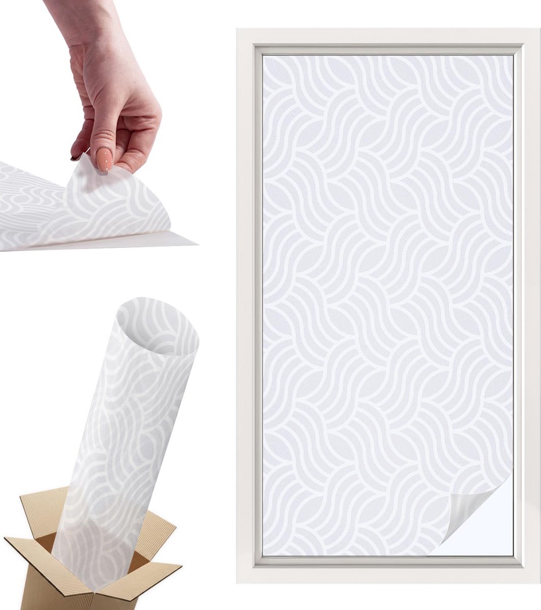 Tulup Raamfolie Anti inkijk - Golven van harmonie Privacy Folie Raam - 50x100 cm - Wit Anti inkijk Folie - Raamfolie Tegen inkijk Glas in Lood - Voor de hal, badkamer, kantoor - Raamfolie Zonwering