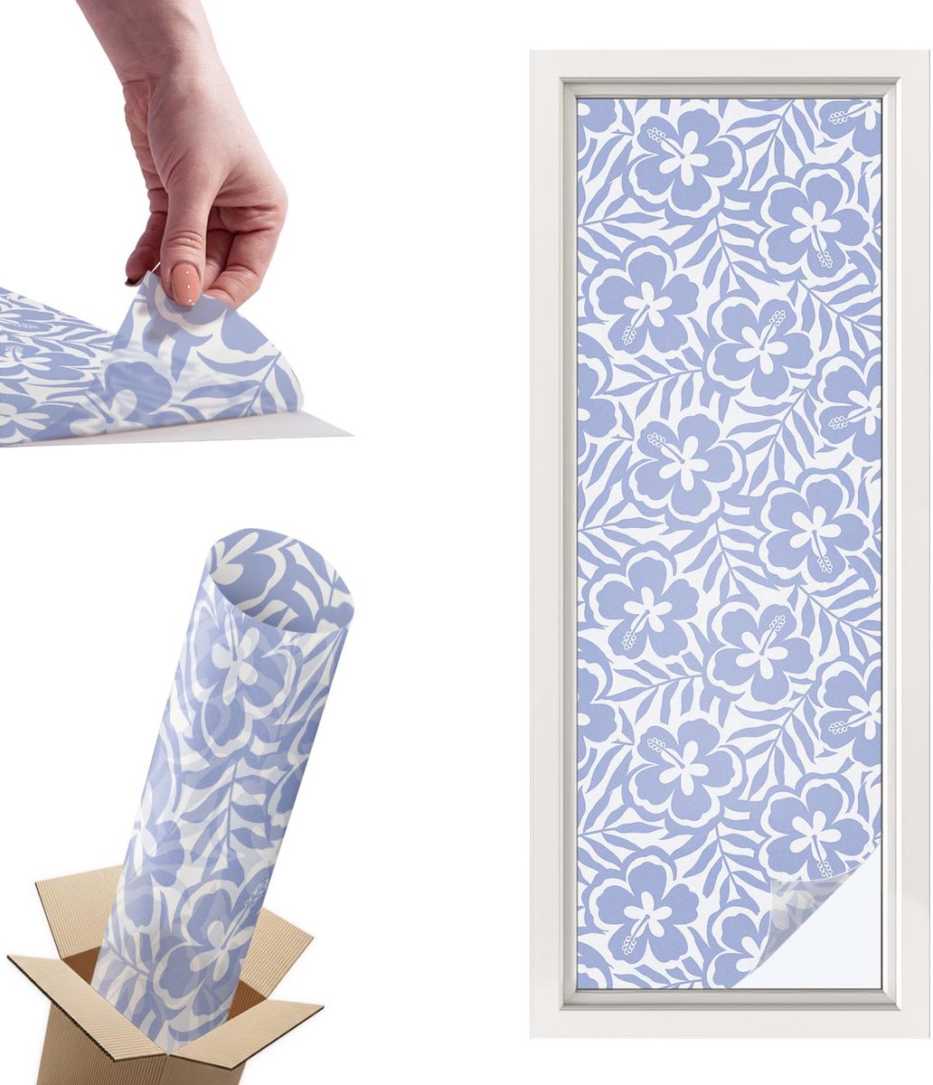 TULUP Raamfolie Anti inkijk - Hibiscusbloemen Privacy Folie Raam - 50x146 cm - Blauw Anti inkijk Folie - Raamfolie Tegen inkijk Glas in Lood - Voor de slaapkamer, badkamer en woonkamer. - Raamfolie Zonwering Blauw - Hibiscusbloemen