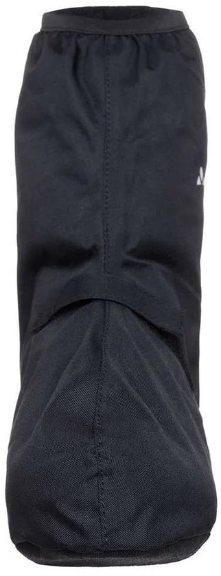 Zwarte fietshoezen met klittenbandsluiting aan de voorkant en VAUDE-logo op de zijkant.