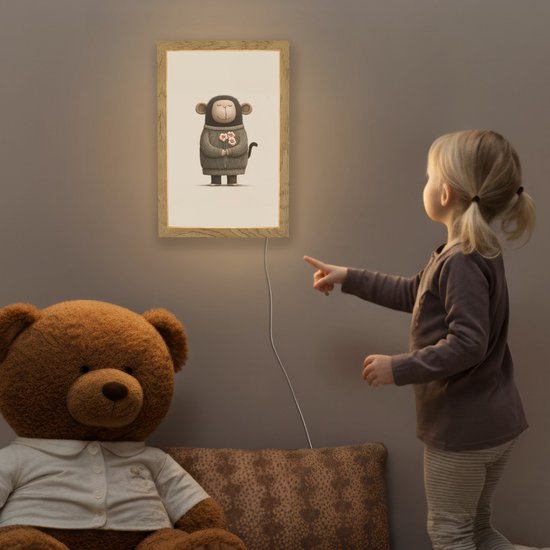 Nachtlampje 20x30 cm - Kinder lamp - Aap - Roze bloemen - Speels - Tafellamp kinderkamer - Slaapkamer lamp - Bedlamp kinderen - Kinderlampje stopcontact - Wandlamp babykamer - Nachtlampjes van Merkloos — afbeelding 4