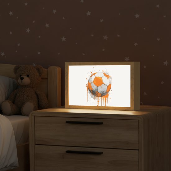 Nachtlampje 30x20 cm - Kinder lampje - Voetbal - Abstract - Oranje - Verfspatten - Tafellamp kinderkamer - Slaapkamer lamp - Bedlamp kinderen - Kinderlampje stopcontact - Wandlamp babykamer - Nachtlampjes van OnlyWow — afbeelding 2