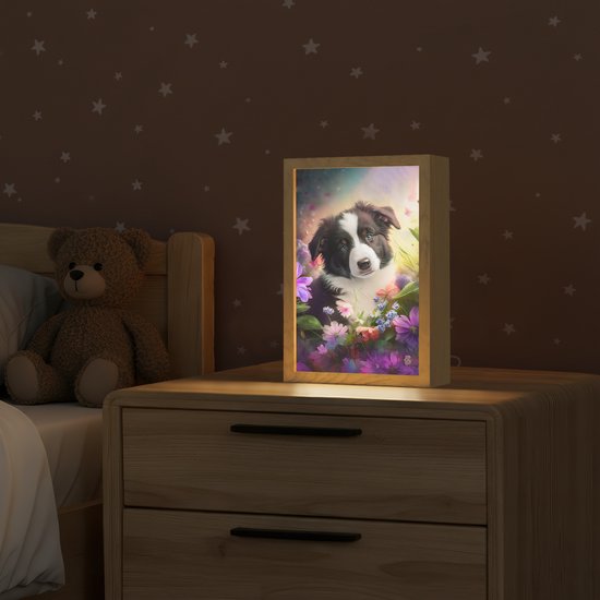 Nachtlampje 20x30 cm - Kinder lamp - Puppy - Zon - Bloemen - Natuur - Bordercollie - Hond - Tafellamp kinderkamer - Slaapkamer lamp - Bedlamp kinderen - Kinderlampje stopcontact - Wandlamp babykamer - Nachtlampjes van Merkloos — afbeelding 2