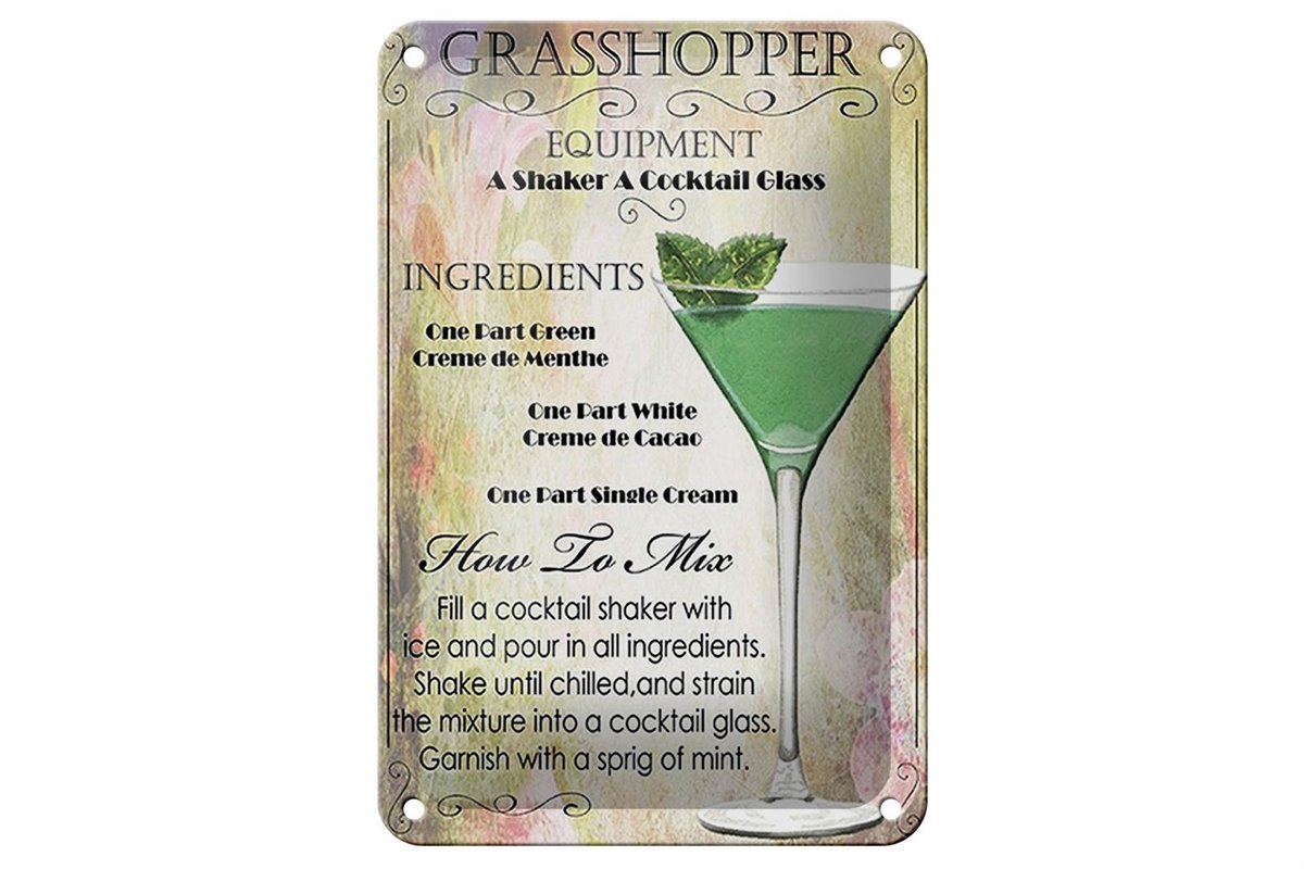 Blechschild Alkohol 12x18cm Grasshopper ingredients