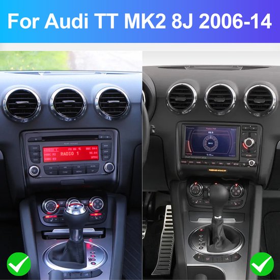 Android 15 Bluetooth autoradio voor TT MK2 2006-2014, met GPS-navigatie, 4+64 GB opslag, ondersteuning voor CarPlay en Android Auto, 9-inch scherm, Bluetooth, wifi, FM-radio, stuurwielbediening, splitscreenweergave en AHD-achteruitrijcamera/microfoon