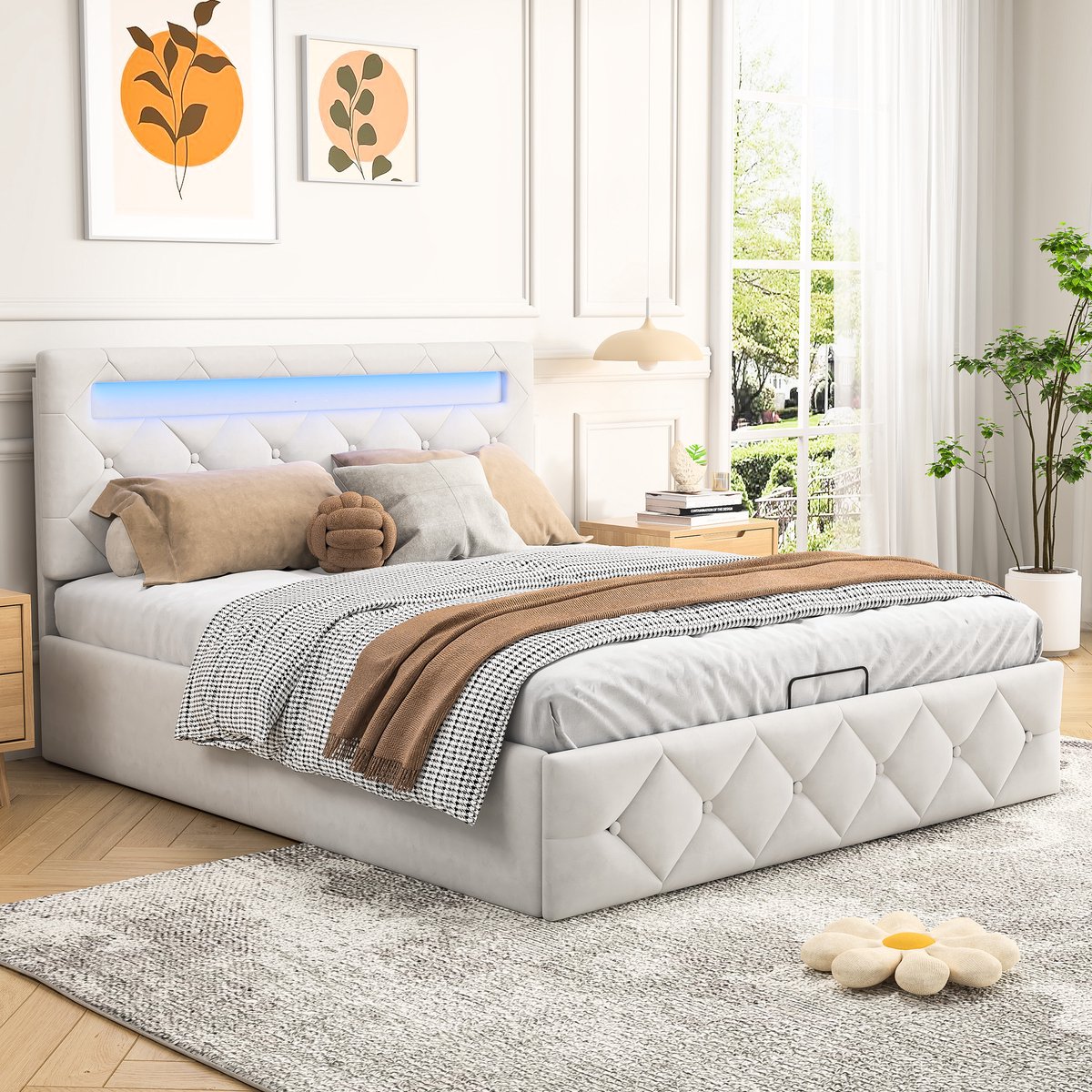 SHOPENTRA Tweepersoons gasveerbed 160x200 cm, met LED, hoofdeinde-opbergruimte en ruime onderbed-opslag, modern comfort en stijlvol ontwerp, beige