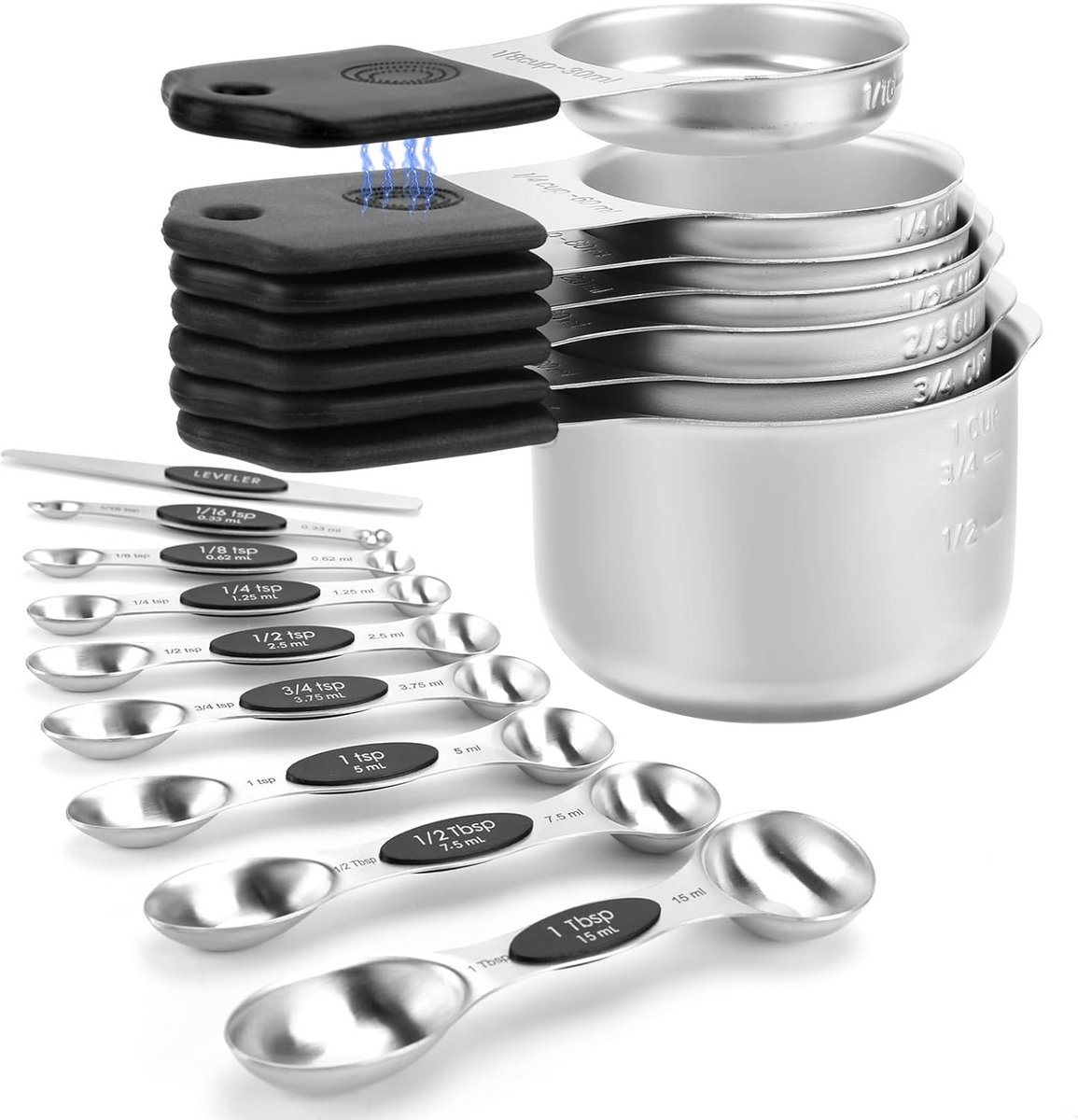 Magnetische Maatbekers en Maatlepels Set RVS, 16 Delig met Nivelleur