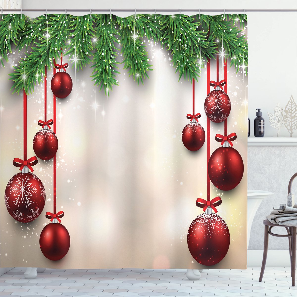ABAKUHAUS Kerstdouchegordijn – Polyester 175x200 cm, Groen/Rood