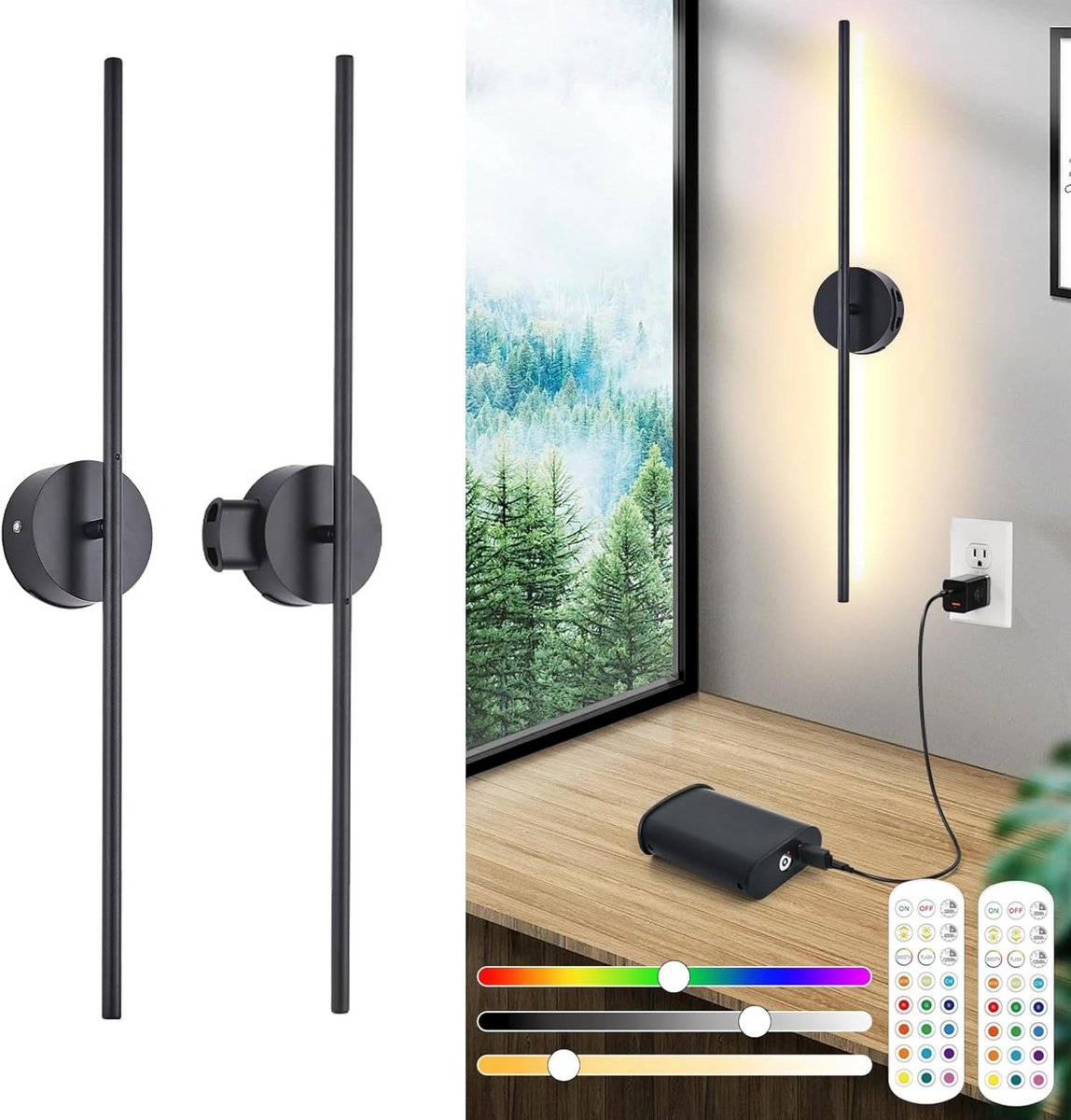 Draadloze Accu Wandlamp met Afstandsbediening en Touch Switch - 2 Stuks, 8000 mAh Afneembare Batterij, Dimbare LED Verlichting, 15 Kleuren, 360° Draaibaar, Timer, USB Oplaadbaar, 80 cm
