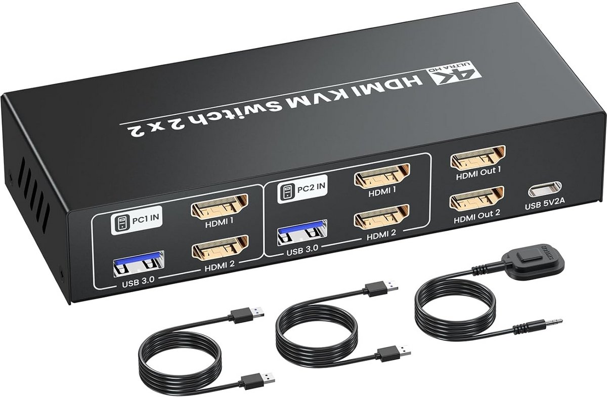 KVM Switch 2 Monitoren 2 Computers HDMI USB 3.0 4K 60Hz Dual Monitor