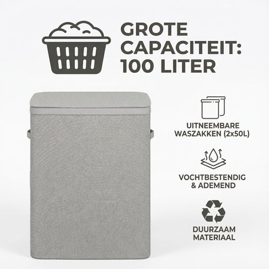 Panier à linge MAZAZU avec 2 compartiments - 100 litres - Trieur de linge avec couvercle - Poches de linge amovibles - Gris clair - Boîte de rangement pliable pour salle de bains et chambre à coucher - 56 × 40 × 67 cm