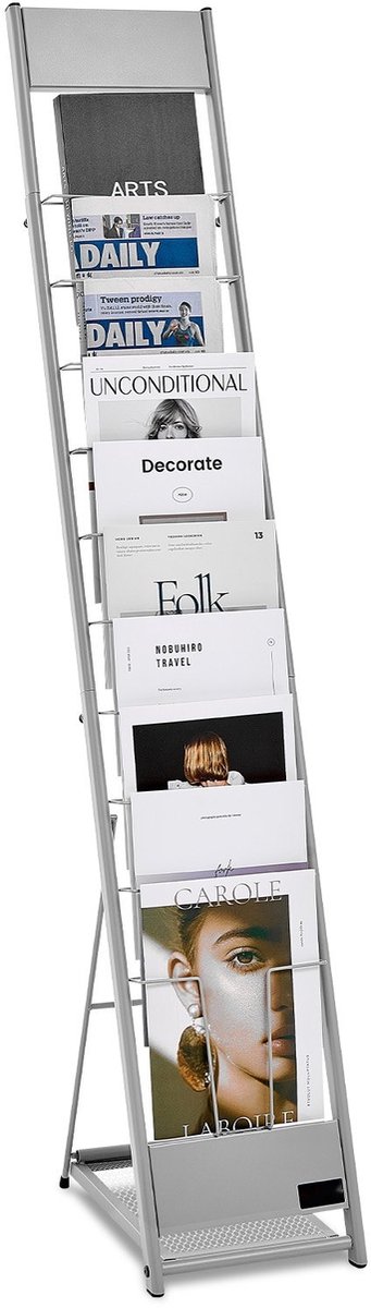 Brochurestandaard - Tijdschriftenrek Vloerdisplay - 10 Vakken - Schuine Standaard - Catalogushouder - Zilver