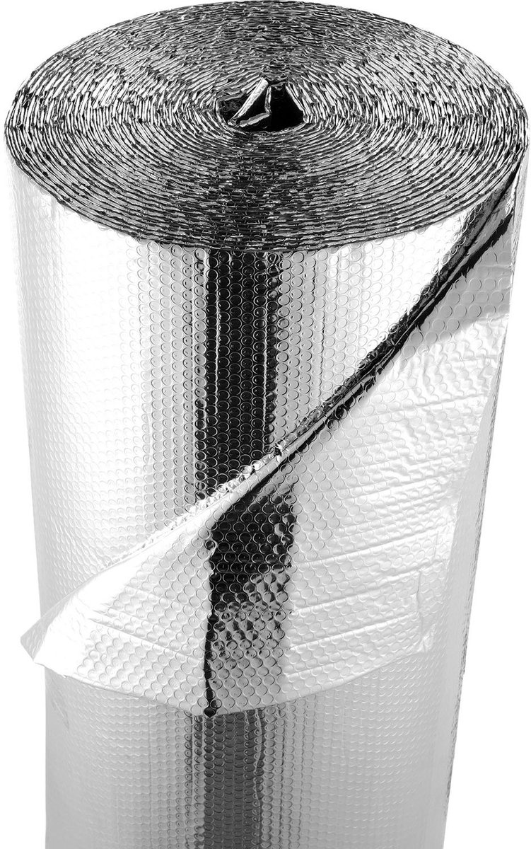 Isolatiefolie - Reflecterende Aluminium Bubbelisolatie Rol - Dikte 6 mm - Breedte 122 cm - Lengte 30,48 m - Tweelaags Warmtereflecterend - Garagedeur & Camperdak - Zilver