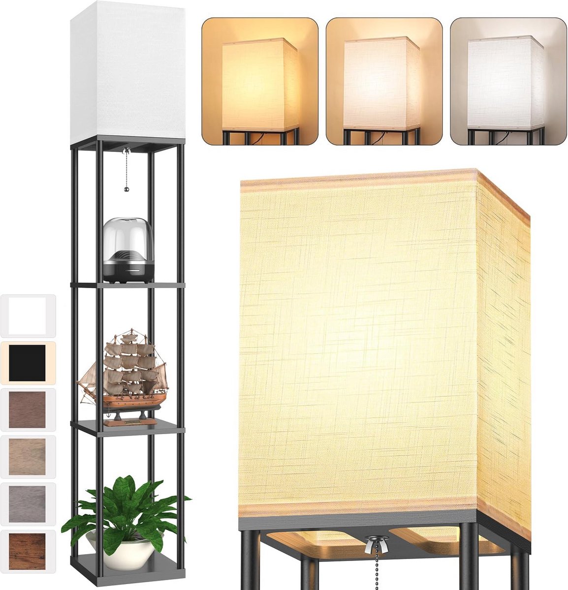Vloerlamp met planken voor woonkamer - Staande lamp met 3-in-1 CCT LED en witte linnen sch