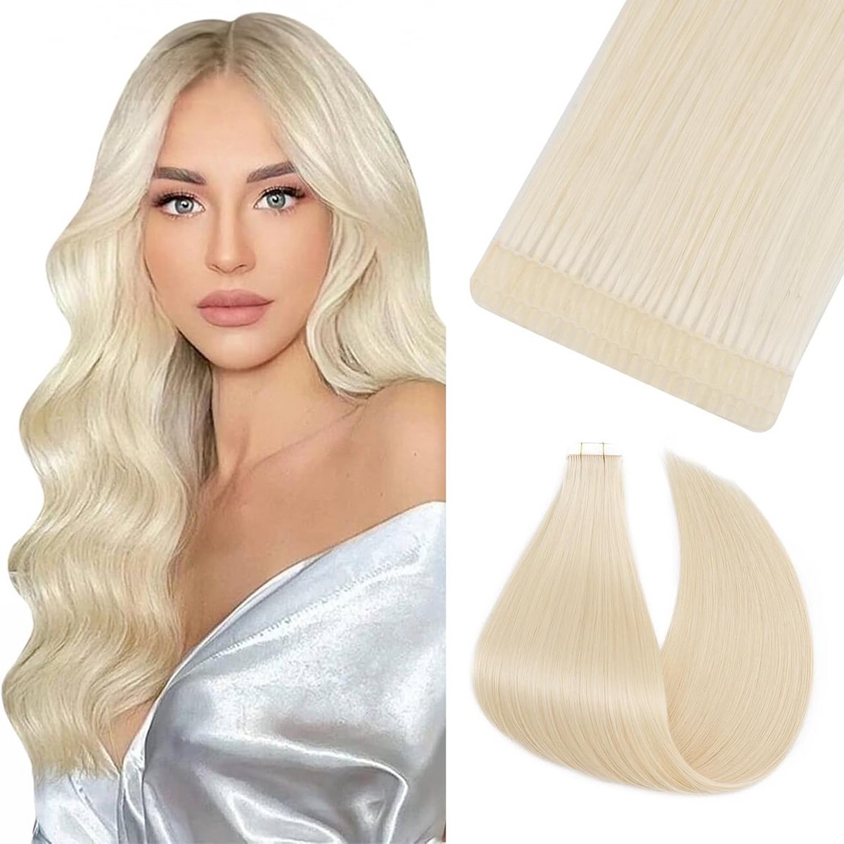 Plakband Haarverlenging Echt Haar #60 Platinablond 30 cm - 10 Stuks Glad Natuurlijk Haar