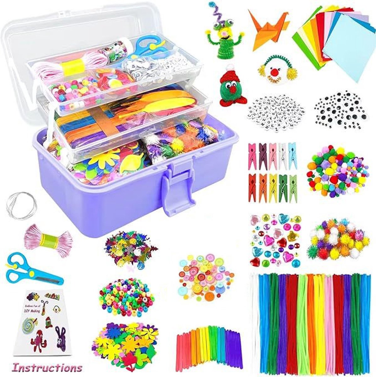 Knutselmateriaalset voor kinderen - Knutselkoffer met pompons, pijpenragers, scrapbookbenodigdheden Knutselmateriaal voor kinderen van 4 tot 10 jaar Cadeau voor jongens en meisjes - paars