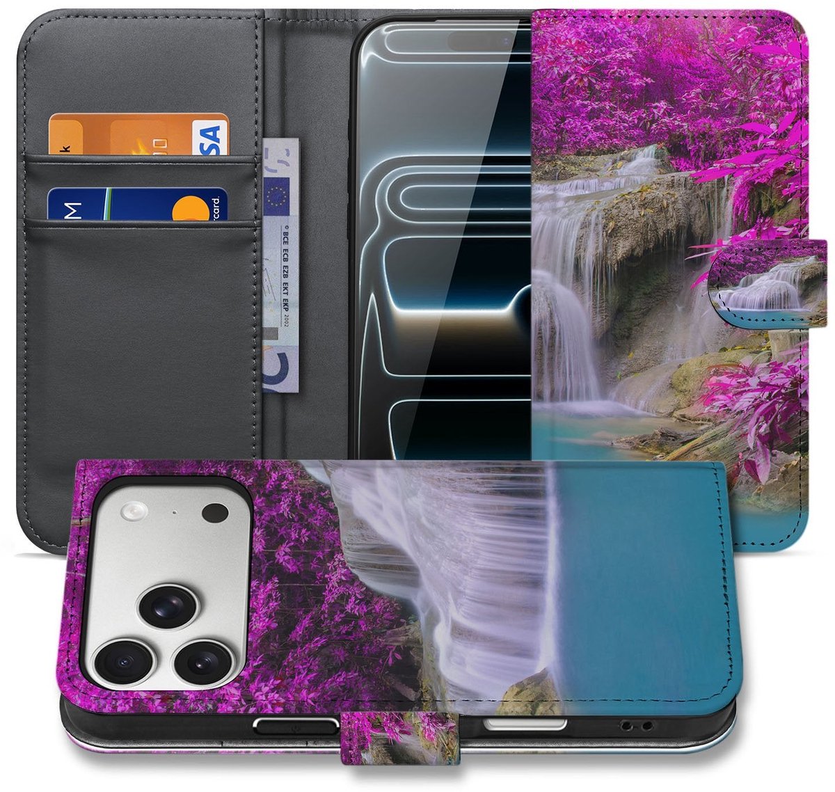 Portemonnee Hoesje iPhone 17 Pro Max Waterval Paars Met Pasjes
