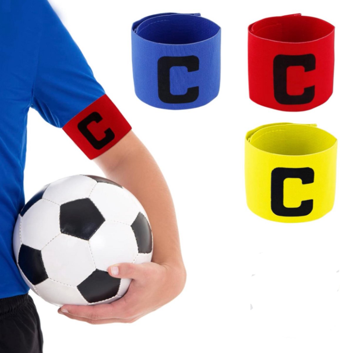 QTTVBTNA - 3 Stuks Verstelbare Aanvoerdersbanden Voetbal - Elastische Captain Armband voor Volwassenen & Jeugd - Voor Voetbal, Hockey & School Sport- Rood, Geel & Blauw