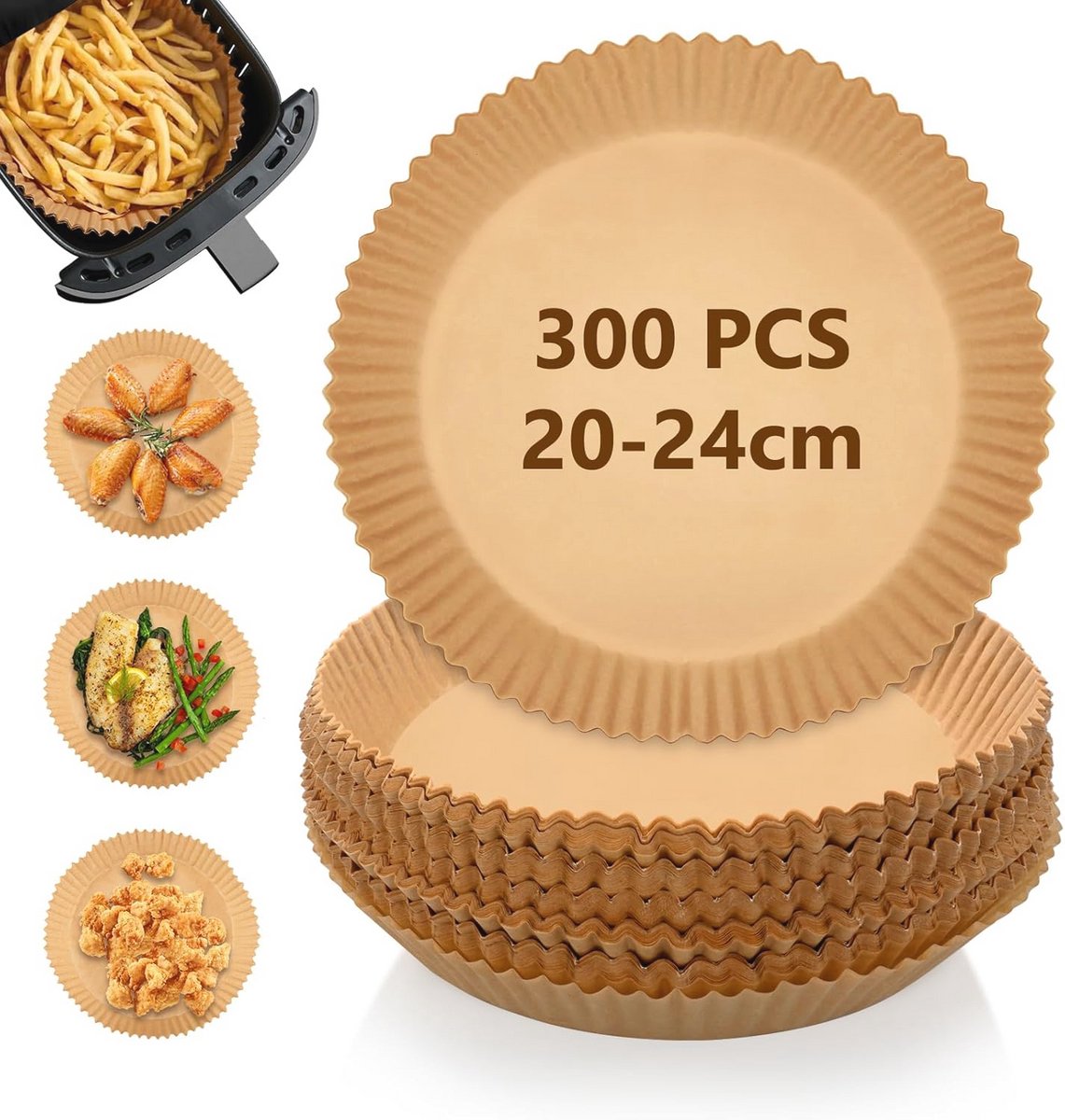 300 Stuks Airfryer Bakpapier - Ronde 20cm - BPA Vrij en Waterproof - Vetbestendig Bakpapier voor Airfryer, Oven en Magnetron
