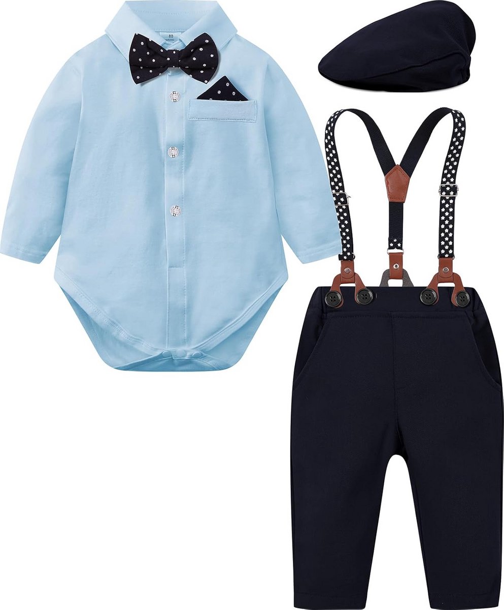Baby Jongen Pak 3 Delen Set Gentleman Bruiloft Kleding Shirt Bretels Vlinderdas met Muts 3-18 Maanden