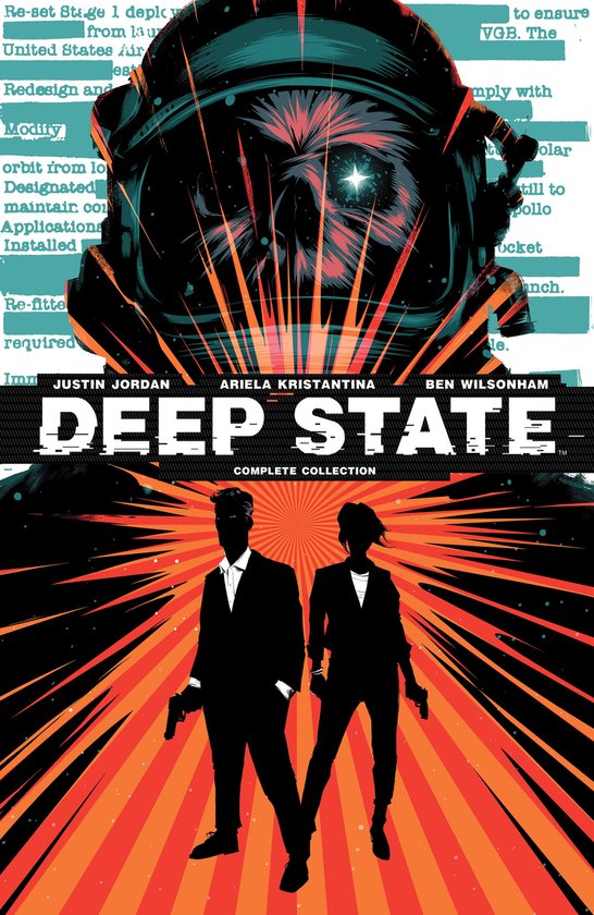 Cover van 'Deep State Complete Collection' met een astronautenhelm, twee figuren in pak met pistolen en oranje en rode explosieve achtergrond. Tekst: DEEP STATE COMPLETE COLLECTION.